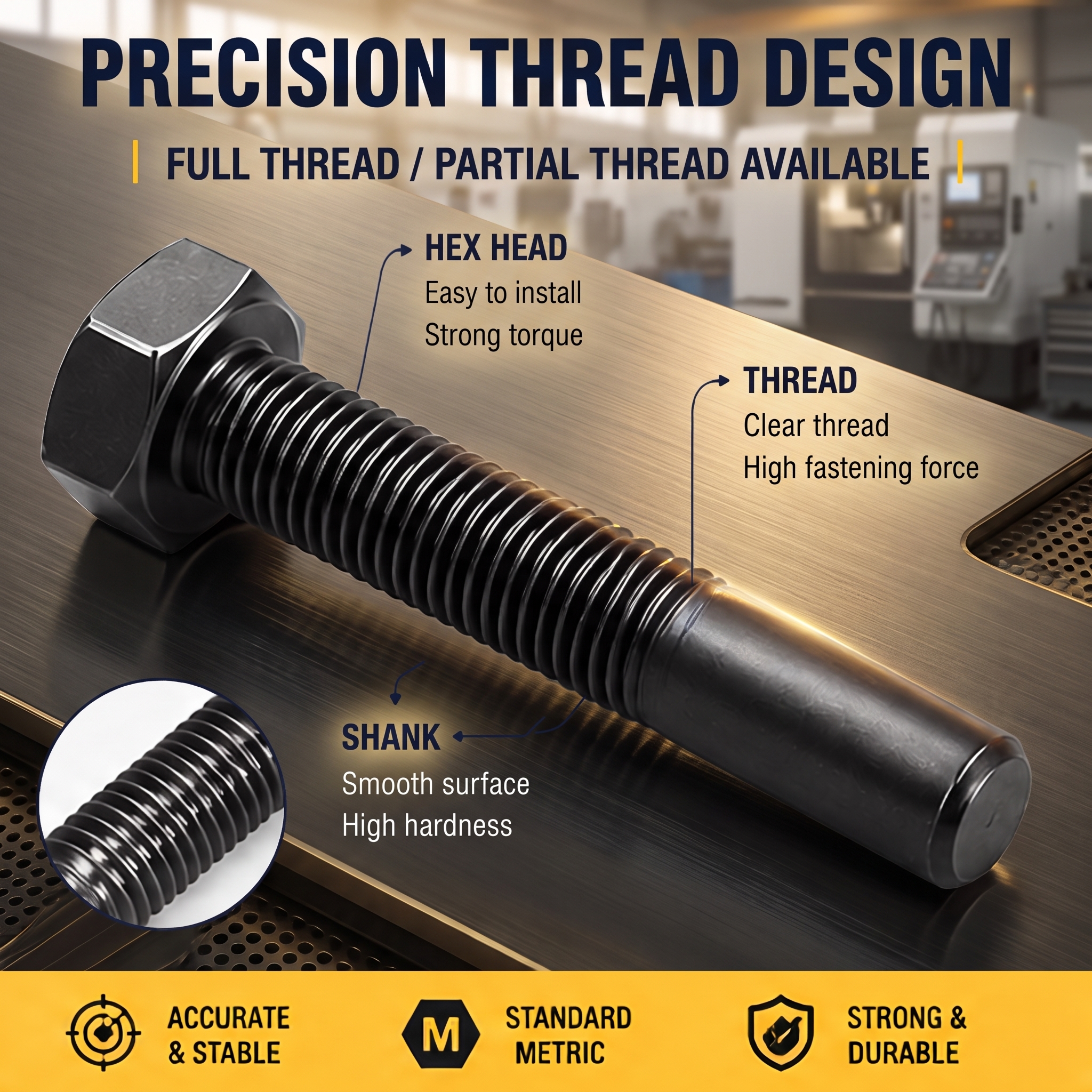 M8x1.25 DIN 933 Class 8.8 & 10.9 Zinc Plated Stainless Steel 304 Full Thread Hex Head Bolts with Washers & Nut Changjin Brand
