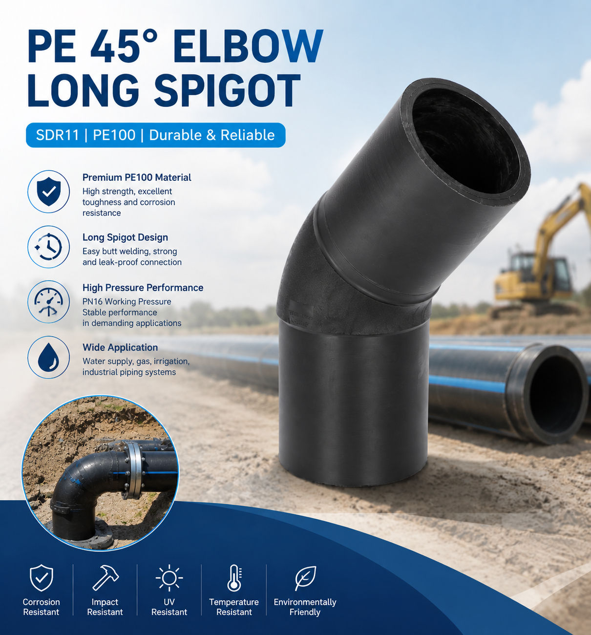 110mm PE100 HDPE High Pressure Butt Fusion Welding 45 Degree Elbow Pipe Connector with CE Certification