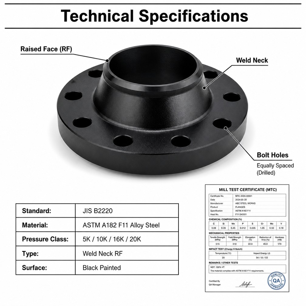 JIS B2220 5K 10K 16K 20K Alloy Steel ASTM A182 F11 Weld Neck Black Painted RF Big Size CMM Inspected Normalized Flange