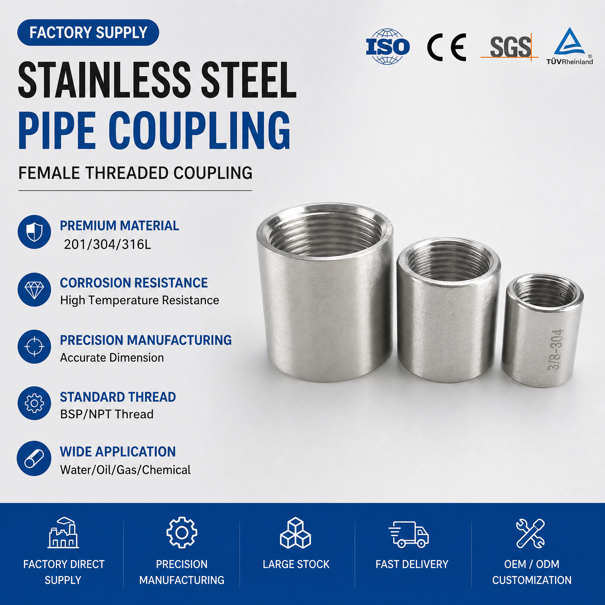Stainless Steel Pipe Coupling 304 316L Female Threaded Coupling BSP NPT ISO CE SGS Factory Direct