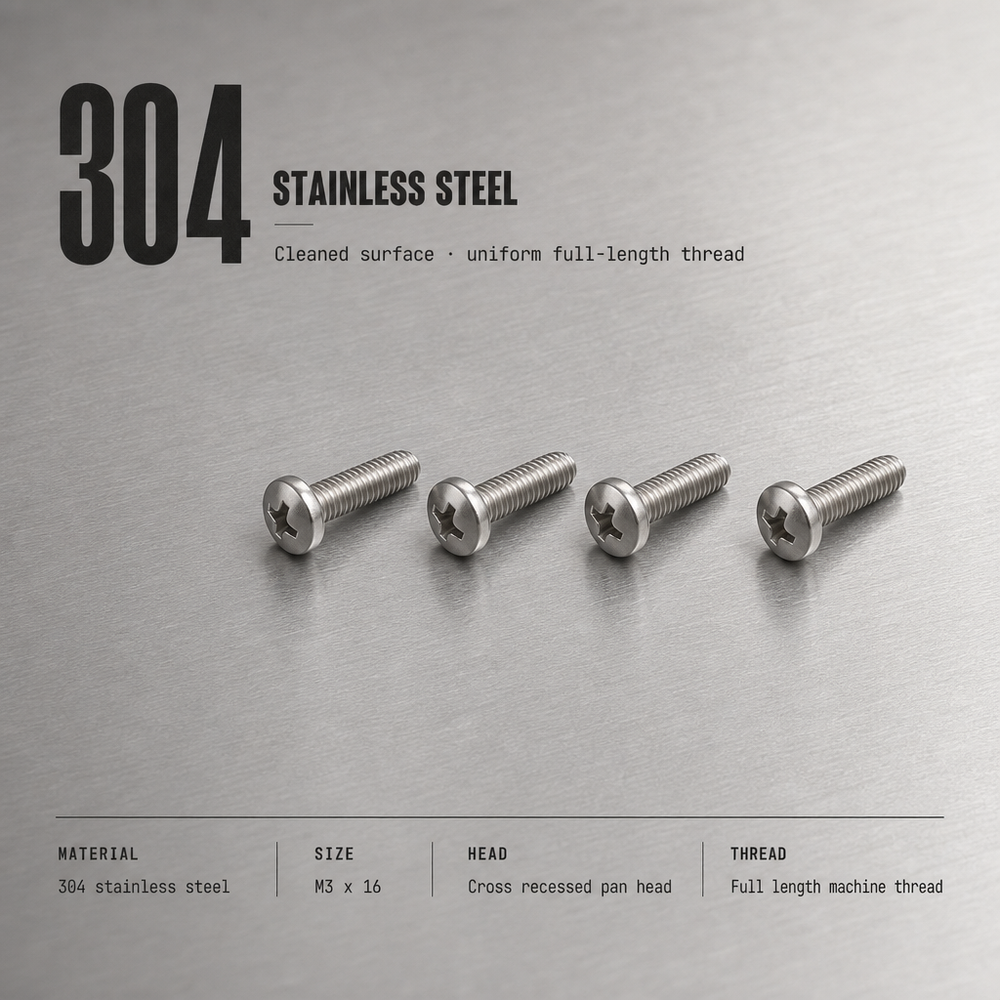 04 Stainless Steel M3 X 16 Cross Recessed Pan Head Machine Screw Fully Threaded Bolt for Panel Assembly