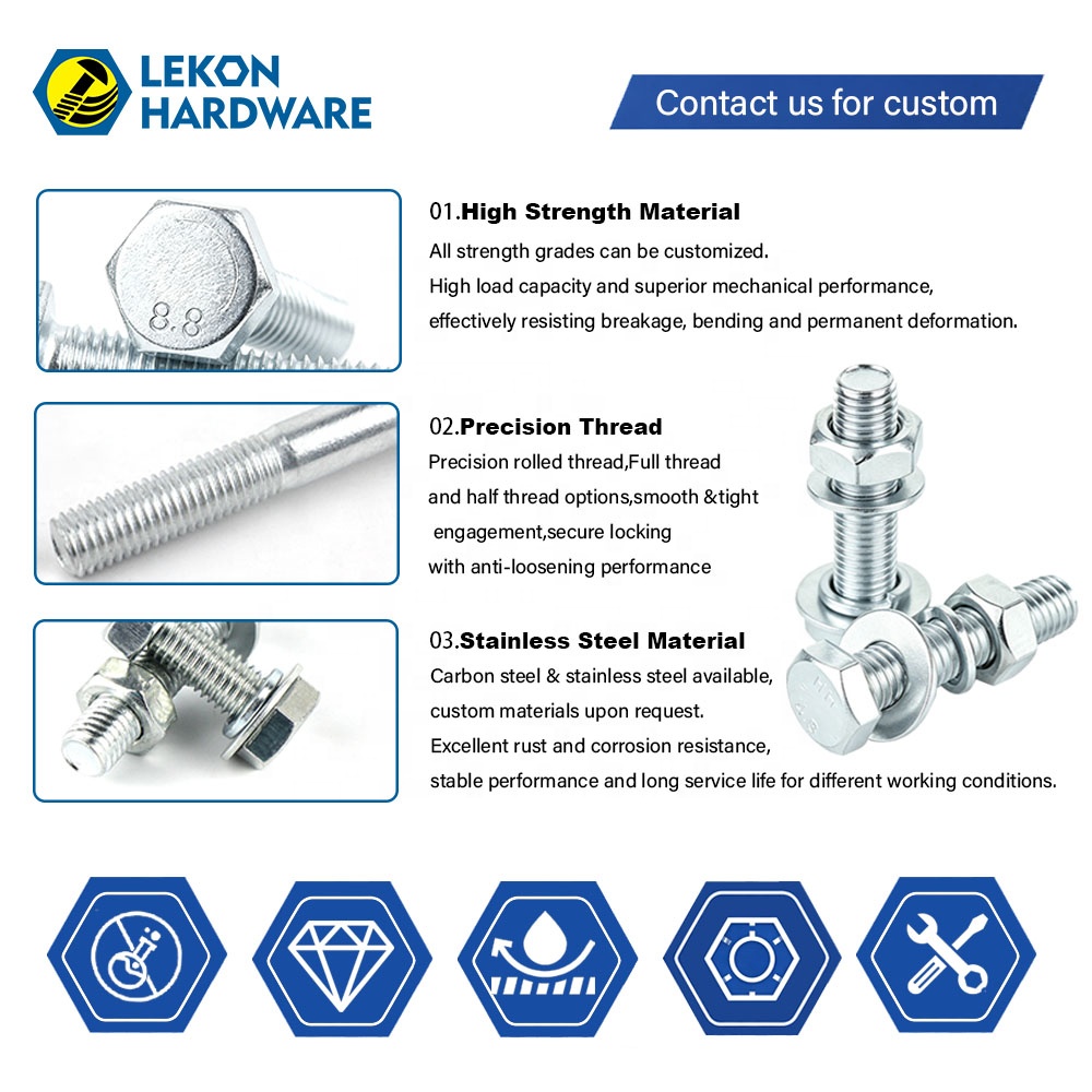 Lekon Hex Bolt And Nut DIN6921 Grade 4.8 6.8 8.8 10.9 12.9 Carbon Steel Stainless Steel Bolts Nuts Fasteners Wholesale Price