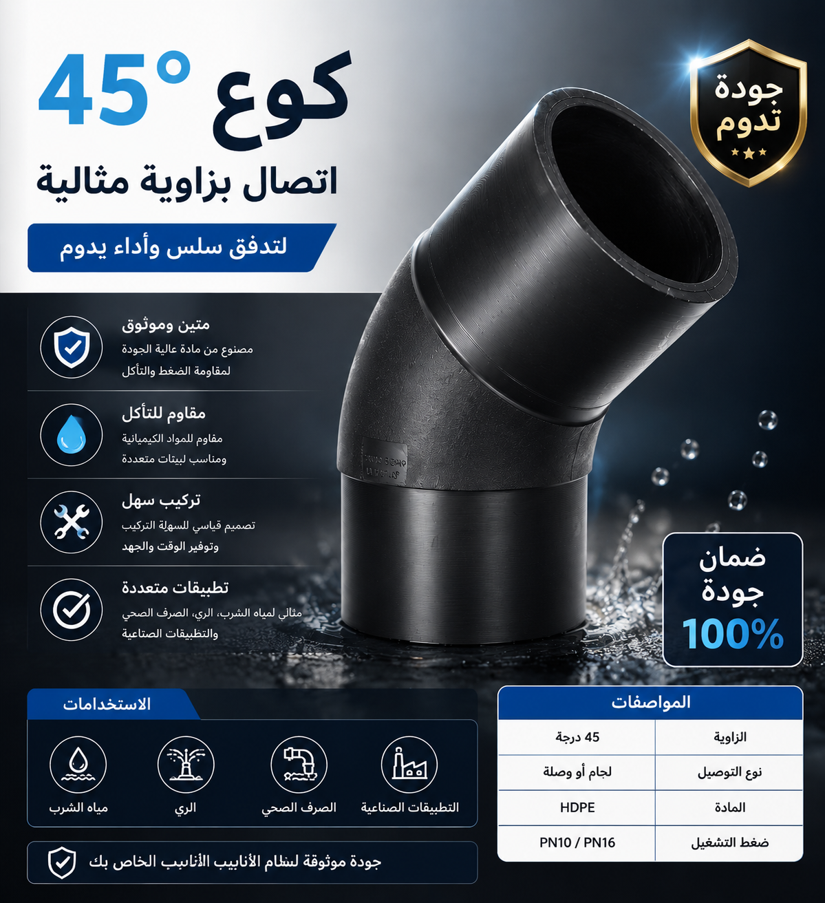 110mm PE100 HDPE High Pressure Butt Fusion Welding 45 Degree Elbow Pipe Connector with CE Certification