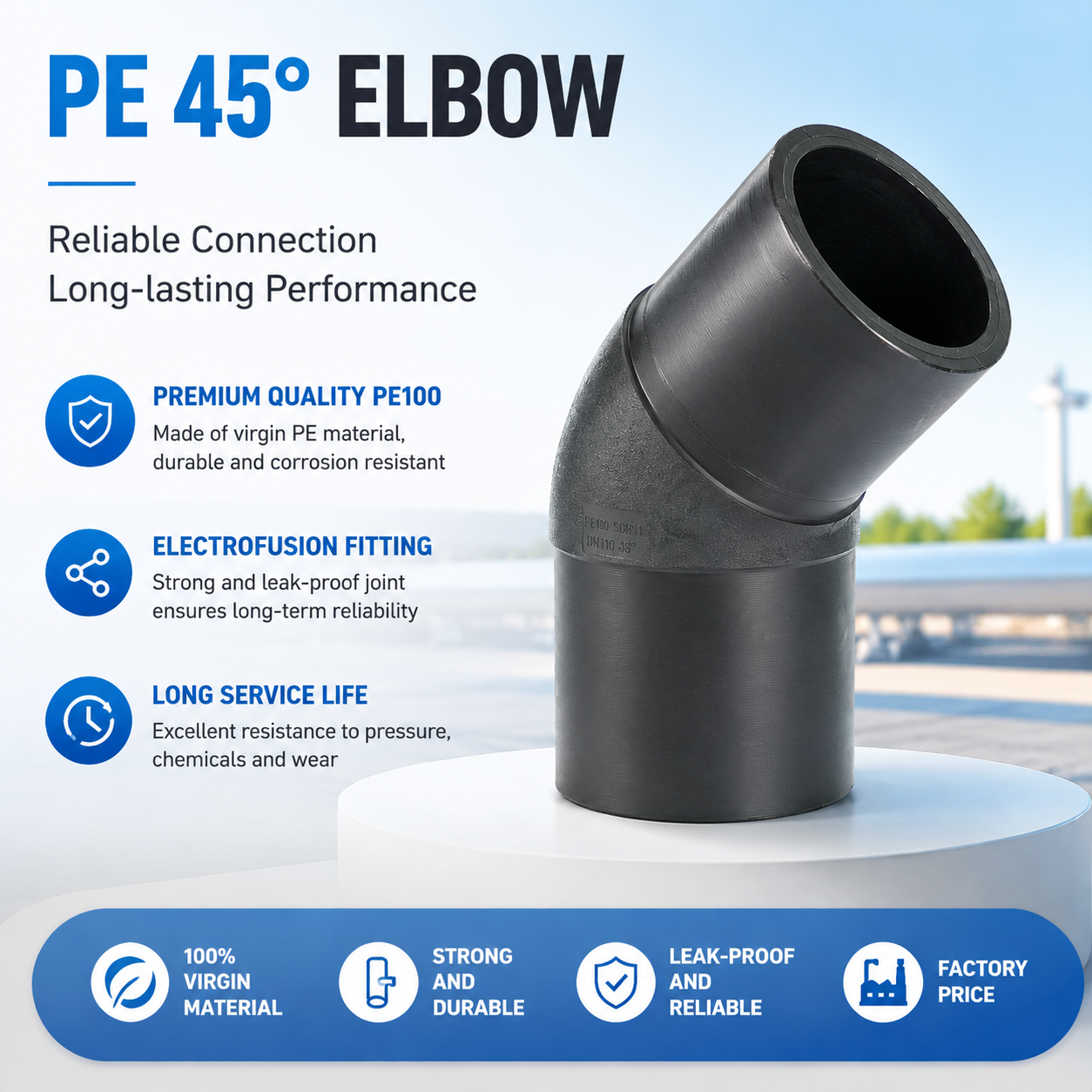 110mm PE100 HDPE High Pressure Butt Fusion Welding 45 Degree Elbow Pipe Connector with CE Certification